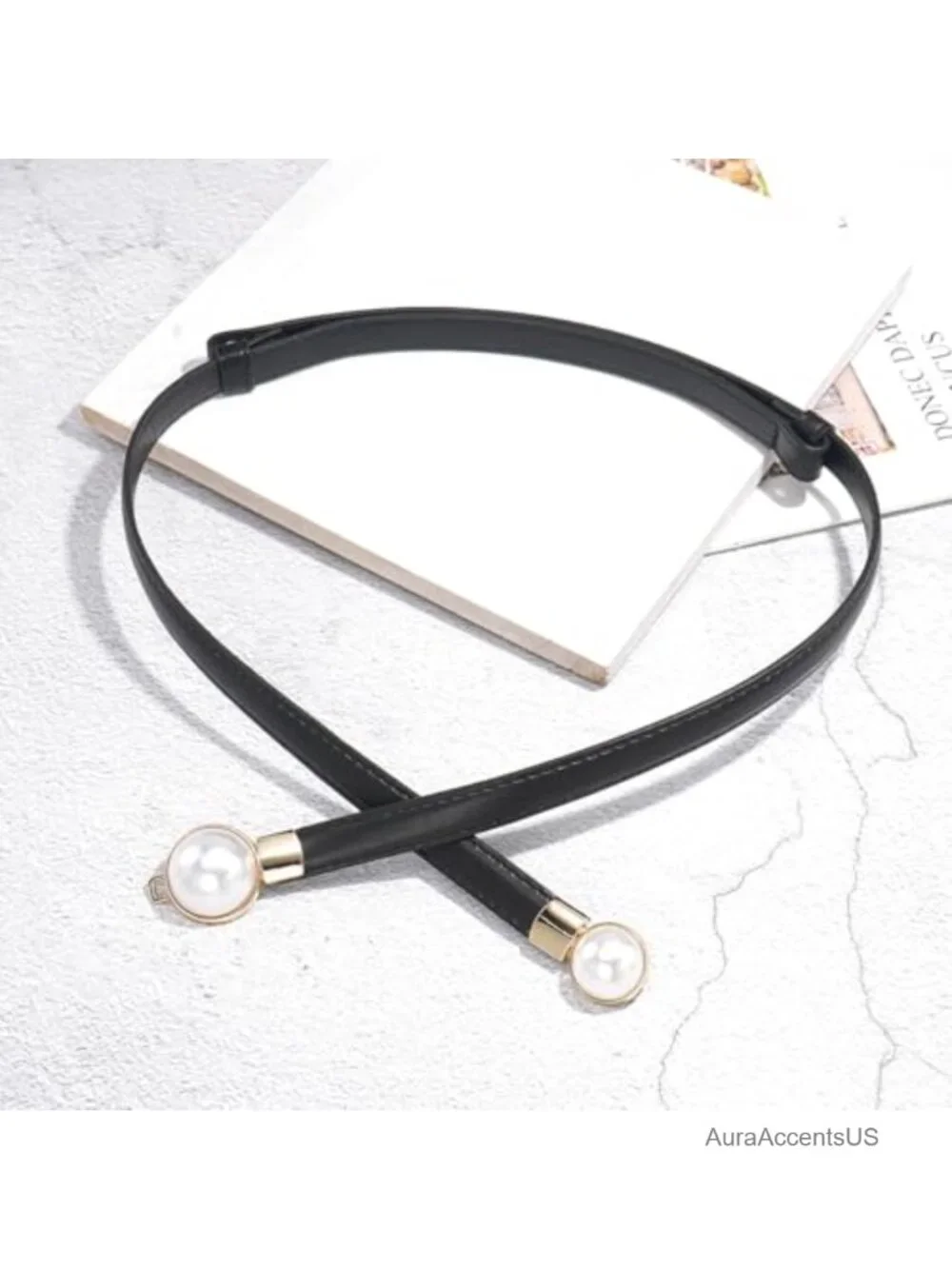 Thin PU Leather Skinny Belt with Pearl Buckle for Dresses
